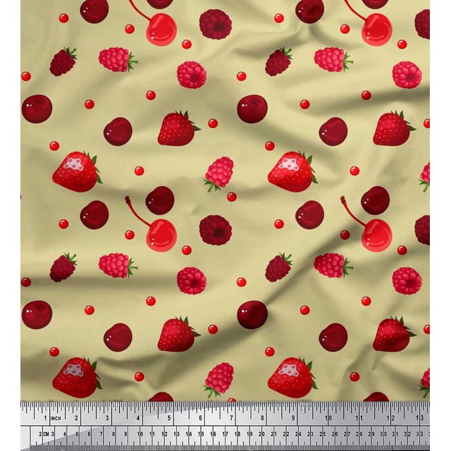Soimoi Rayon Fabric Raspberry,Strawberry & Cherry Fruits Print Fabric by Yard 56 Inch Wide