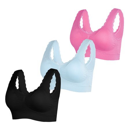 

Popvcly Women Sport Bra Wirefree Full Cup Lace Vest Seamless Solid Underwear with Pad 3-Pack