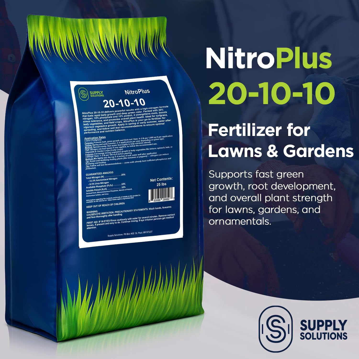 Supply Solutions NitroPlus 20-10-10 Fertilizer for Lawns and Gardens, All Purpose Lawn Fertilizer and Garden Fertilizer, Outdoor Plant Food with Nitrogen Phosphate and Potash Blend (25 Pounds)