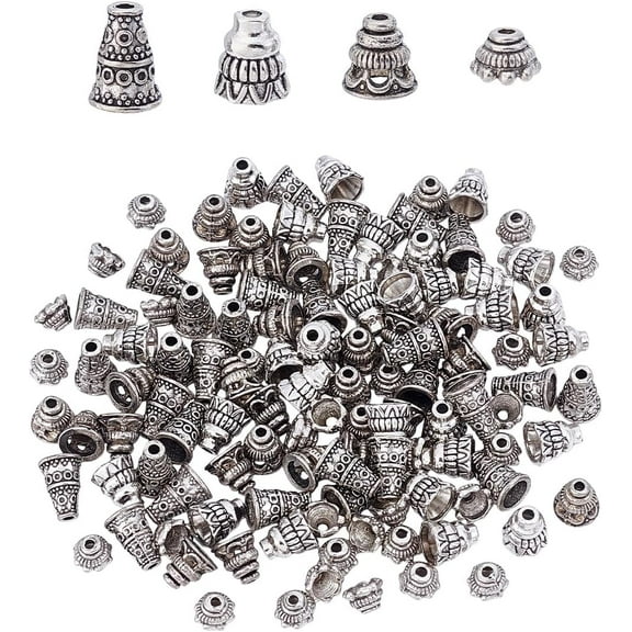 120Pcs 4 Styles Cord Ends Tibetan Style Cord Ends Caps Leather Cap for Jewelry Making Bracelet Necklace 7/7.5/8.5/10mm diy