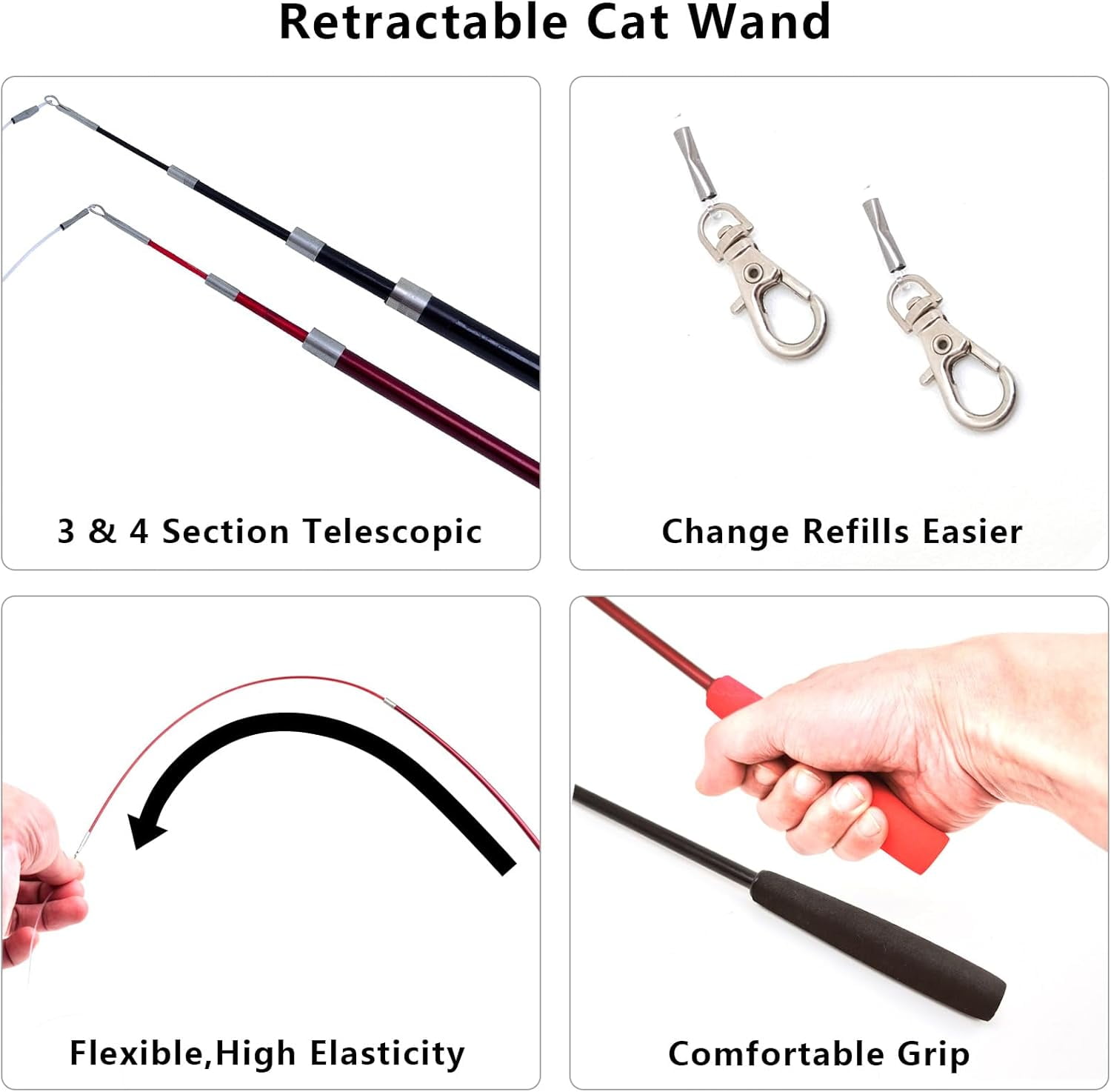 Interactive Cat Wand Toy Set – 2 Retractable Wands (37" & 49") with 11 Refills Attachments – Feather Toys, Plush Bird, Worms, Insect & Swallow – Cat Teaser Toys for Indoor Cats & Kittens