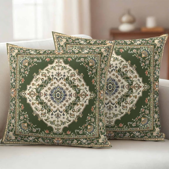 Pack of 2 Outdoor Pillow Covers 16x16 Inch Waterproof Green Boho Throw Pillow Covers,Decorative Couch Pillow Shams Protectors Chic Traditional Antique Geometric Rustic Patio Cushion Pillowcases