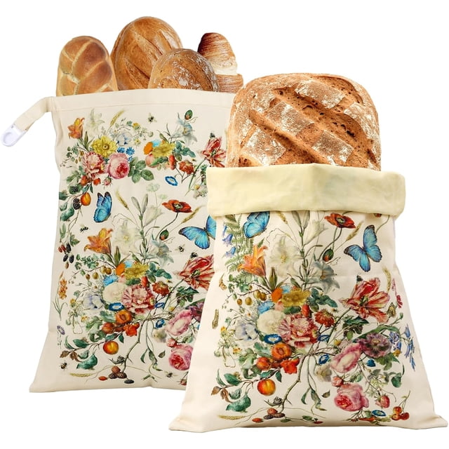 Paquete de 2 bolsas de pan de cera de abejas para masa madre y pan casero, bolsas de almacenamiento de algodón reutilizabl XL de 17 x 13 pulgadas, taado botánico de doble capa con