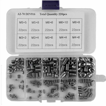 220pcs M3/M4/M5/M6/M8 Allen Head Socket Set Screw, 304 Stainless Steel Internal Hex Drive Grub Screw Assortment Kit