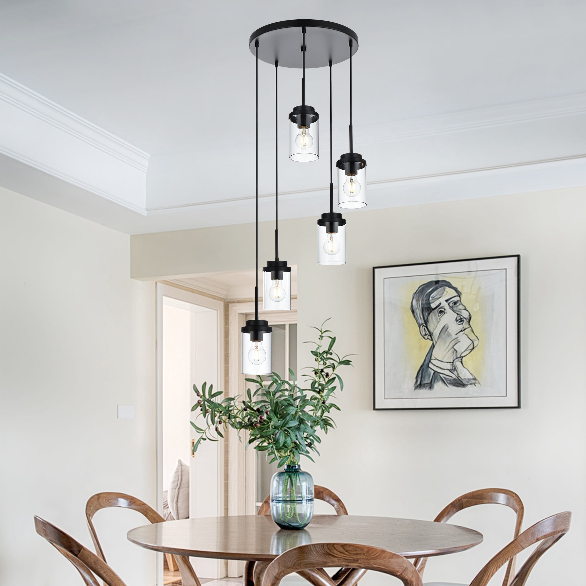 MELUCEE 5-Light Pendant Light Fixtures Ceiling Hanging Cluster Chandelier Black with Clear Glass Shade