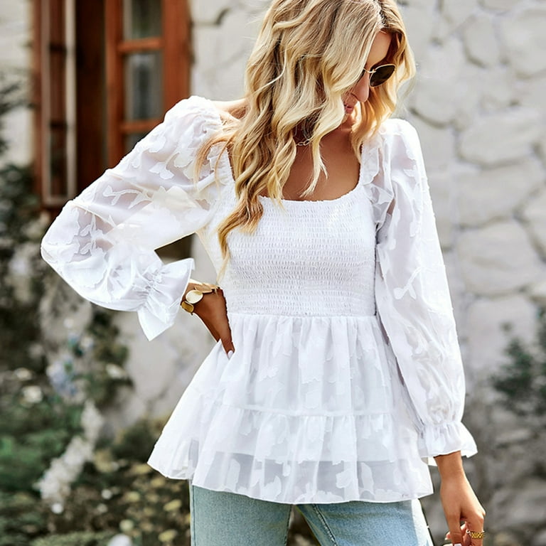YUUZONE Women's Slim Tops Cute Flowy Shirts U Crew Neck Bell Sleeve Blouse  Babydoll Tops Summer Casual Floral Textured Shirts - Walmart.com