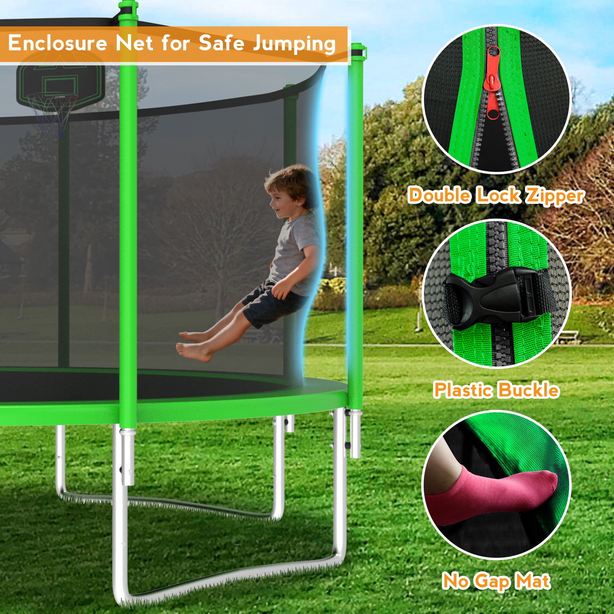 KOFUN 1000LBS 10FT Trampoline for Kids and Adults Outdoor Backyard Trampoline with Safety Enclosure Net, Basketball Hoop, 3 Anchor Kits, Ladder, A Ball, Green