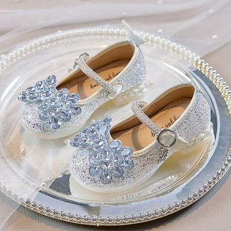 Kayannuo Shoes for Girls Shimmering Rhinestone Princess Pumps with Elastic Ankle Strap - Comfortable 1.5 Heel Dress Shoes for Girls  Formal Occasions (Leather Upper)