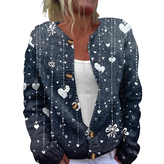 Fgvctg Valentine's Day Cardigan Sweaters for Women Open Front Sweet Cute Sweater Casual Long Sleeve Coats Love Heart Graphic Cardigans Spring Button Down Sweaters Plus Size Outfits Navy 2XL