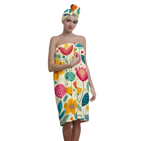 Colevkie 2 Pieces Bath Wrap Set Bath Skirt & Shower Cap for Women Beach Towel Hair Drying Cap Adjustable Quick Drying for Bathroom Sauna Hotel Travel Portable Printed Colorful Florals Pattern