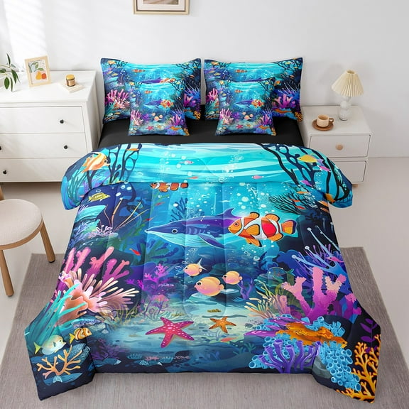 Erosebridal Cartoon Sealife Bedding Sets Twin Size, Cute Starfish Whale Comforter Sets with Sheets, Colorful Coral Reversible Bedding Twin Size, Breathable Room Decorative, 7pcs