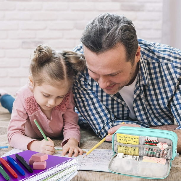 École des enfants, trousses à crayons grande capacité avec 3 compartiments  pour garçon et fille, bleu