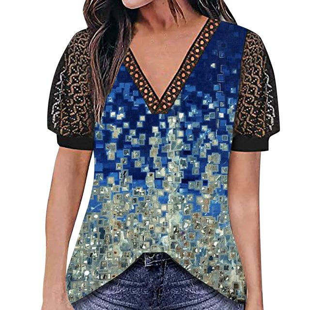 Gibobby Camiseta de Manga Corta con Cuello en V Top manga corta con cuello en V encaje informal con estampado moda para mujer(Azul celeste,G)
