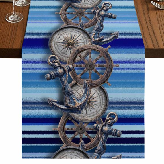 Table Runners 70 Inches Long Dress Scarves, Vintage Anchor Nautical Farmhouse Coffee/Dining/Kitchen Table Decor, Holiday Table Runner, Coastal Blue Striped 13x70 Inch