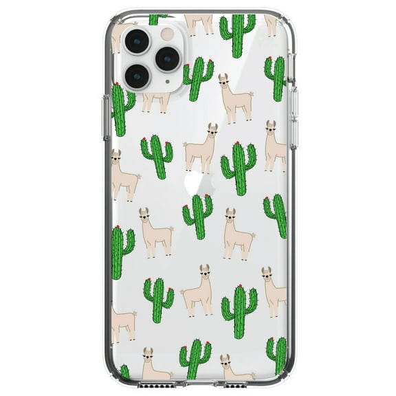DistinctInk Clear Shockproof Hybrid Case for iPhone 13 PRO (6.1" Screen) - TPU Bumper, Acrylic Back, Tempered Glass Screen Protector - Llamas and Cacti Cactus