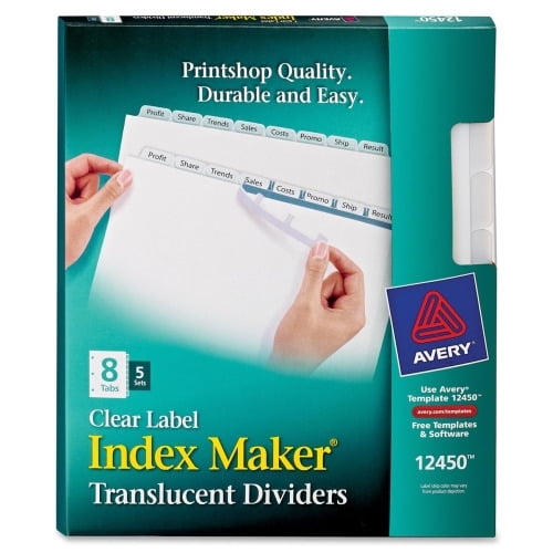 Avery Index Maker Index Divider 40 x Divider(s) - Print-on Tab(s) - 8 - 5 Tab(s)/Set - 8.5' Divider Width x 11' Divider Length - 3 Hole Punched - Translucent Plastic Divider - Frosted Clear Plast