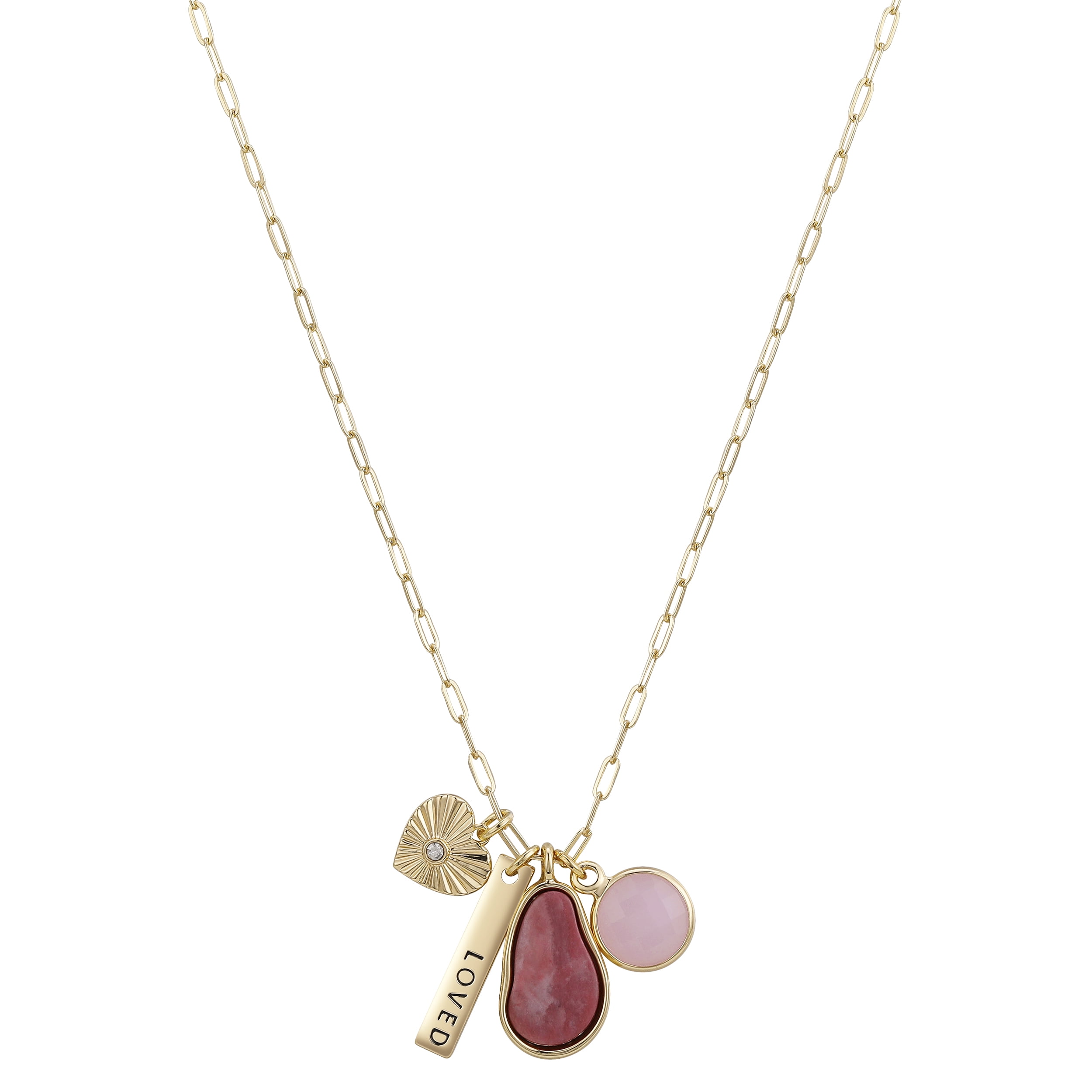 14K Gold Flash Plated Crystal 'Loved' Multi Charm Pendant Necklace with Extender