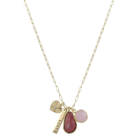 Women's 14Kt Gold Flash Plated Genuine Pink Stone "Loved" Pendant Necklace