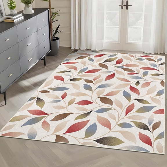 5x7 Washable Modern Botanical Rug Non-Slip Low Pile Leaf Pattern Foldable Stain Resistant Indoor Carpet Dining Room Red