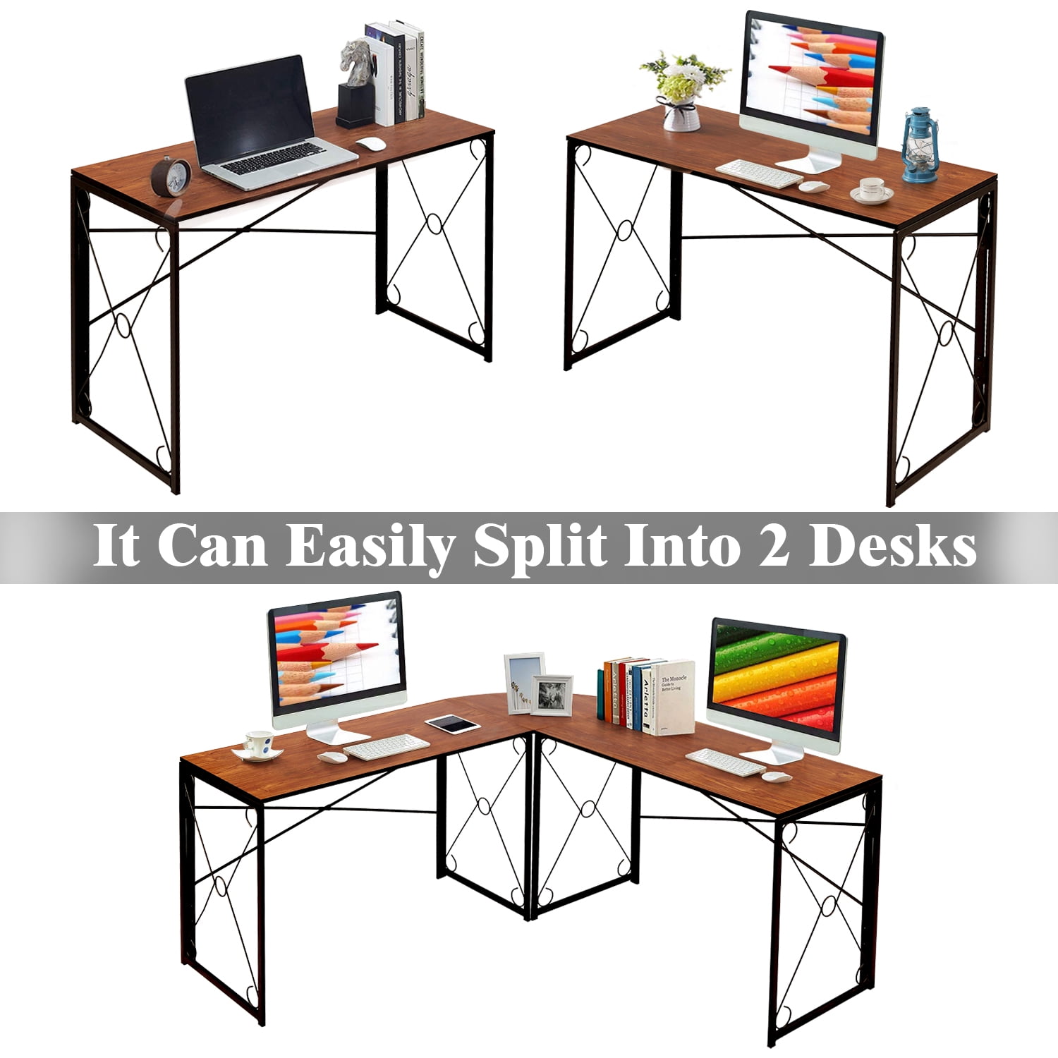 VECELO L Shaped Computer Desk, Corner Computer Desk, Sturdy Home Office Folding Office Table for Small Space, Writing Desk, Gaming Desk Workstation, Brown