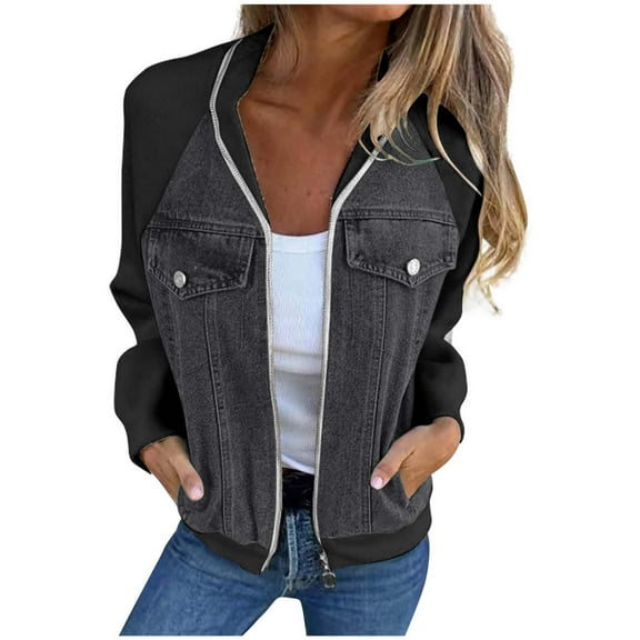 Oplxuo Women's Patchwork Denim Jean Jacket Chic Colorblock Raglan Long Sleeve Full Zip Casual Outerwear with Pockets