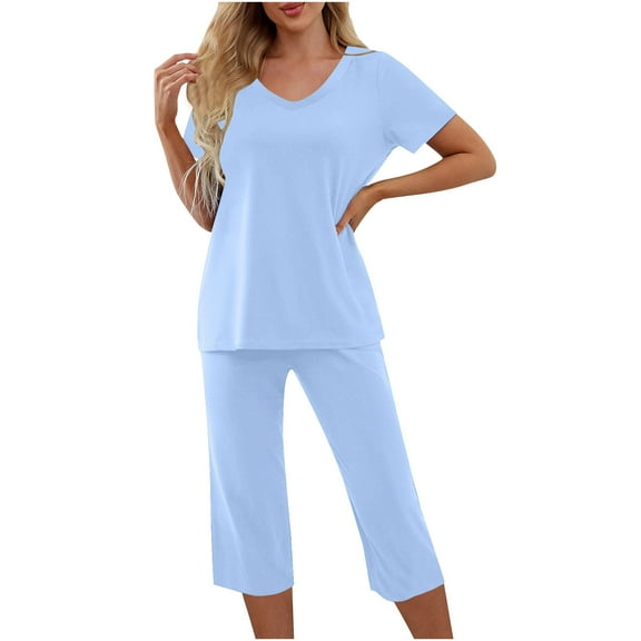 cfhntfmh Womens Pajama Sets Casual V Neck Short Sleeve Basic T-Shirts Loose Capri Pants Sleepwear with Pockets 2 Piece Pjs Sets