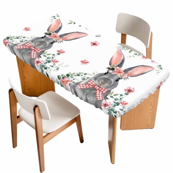 Bunny Easter Table Cloths for 3 Foot Rectangle Tables, Pink Spring Floral Eucalyptus Leaves Rabbits Patio Waterproof Elastic Fitted Tablecloths, Washable Rectangular Table Cover for Camping