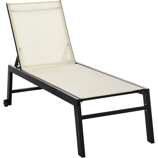 Jiaiun Patio Garden Sun Chaise Lounge Chair with 5-Position Backrest, 2 Back Wheels, & Industrial Design, Cream White