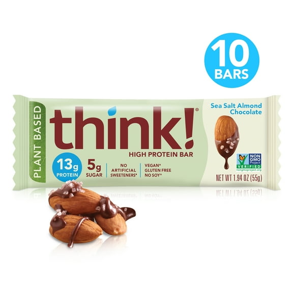 think! High Protein Plant-Based Bars, Sea Salt Almond Chocolate, 1.94 oz Bar, 10 Count