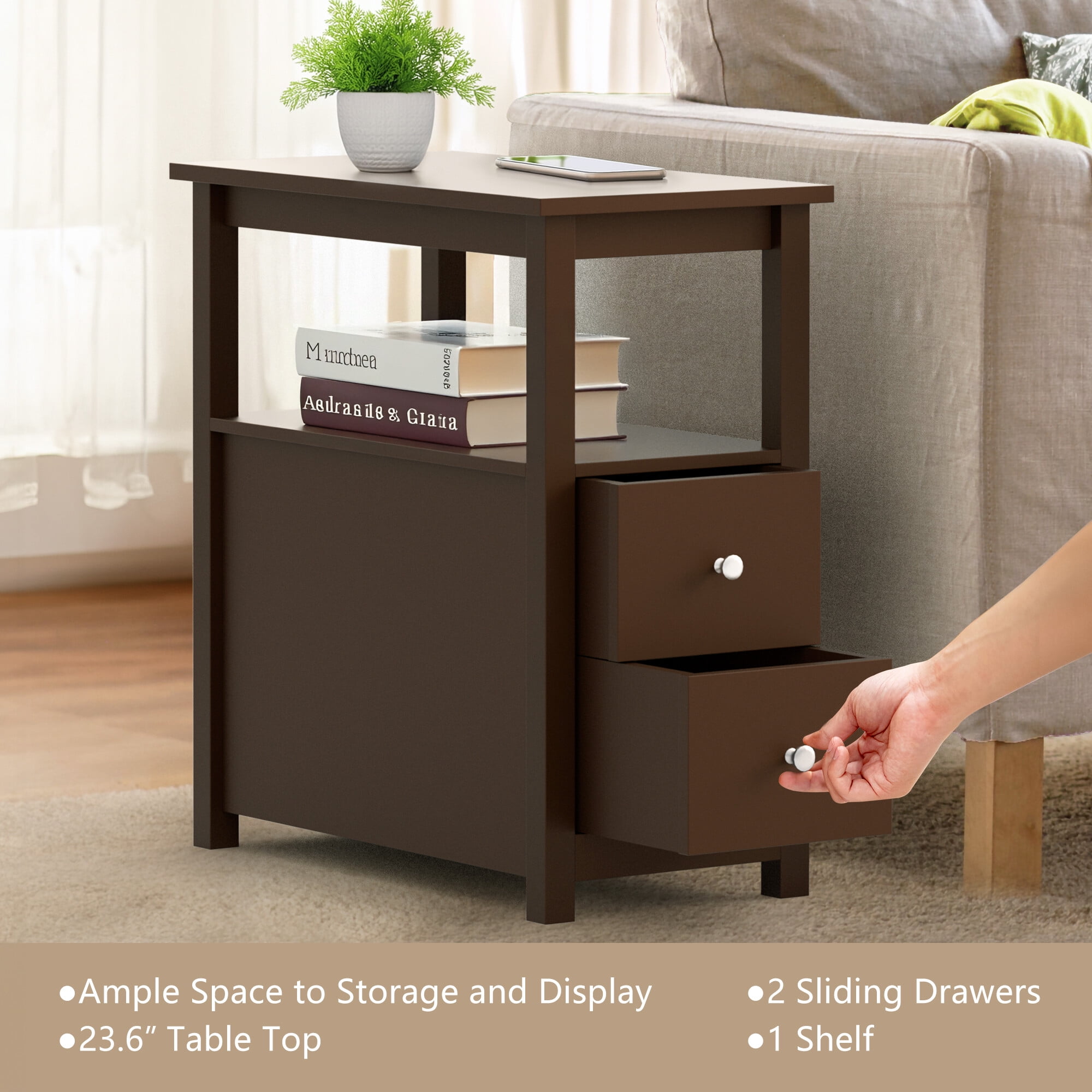 HomGarden 2 Drawers Wood End Table Narrow Sofa Side Table W/Storage for Living Room Bedroom, Brown