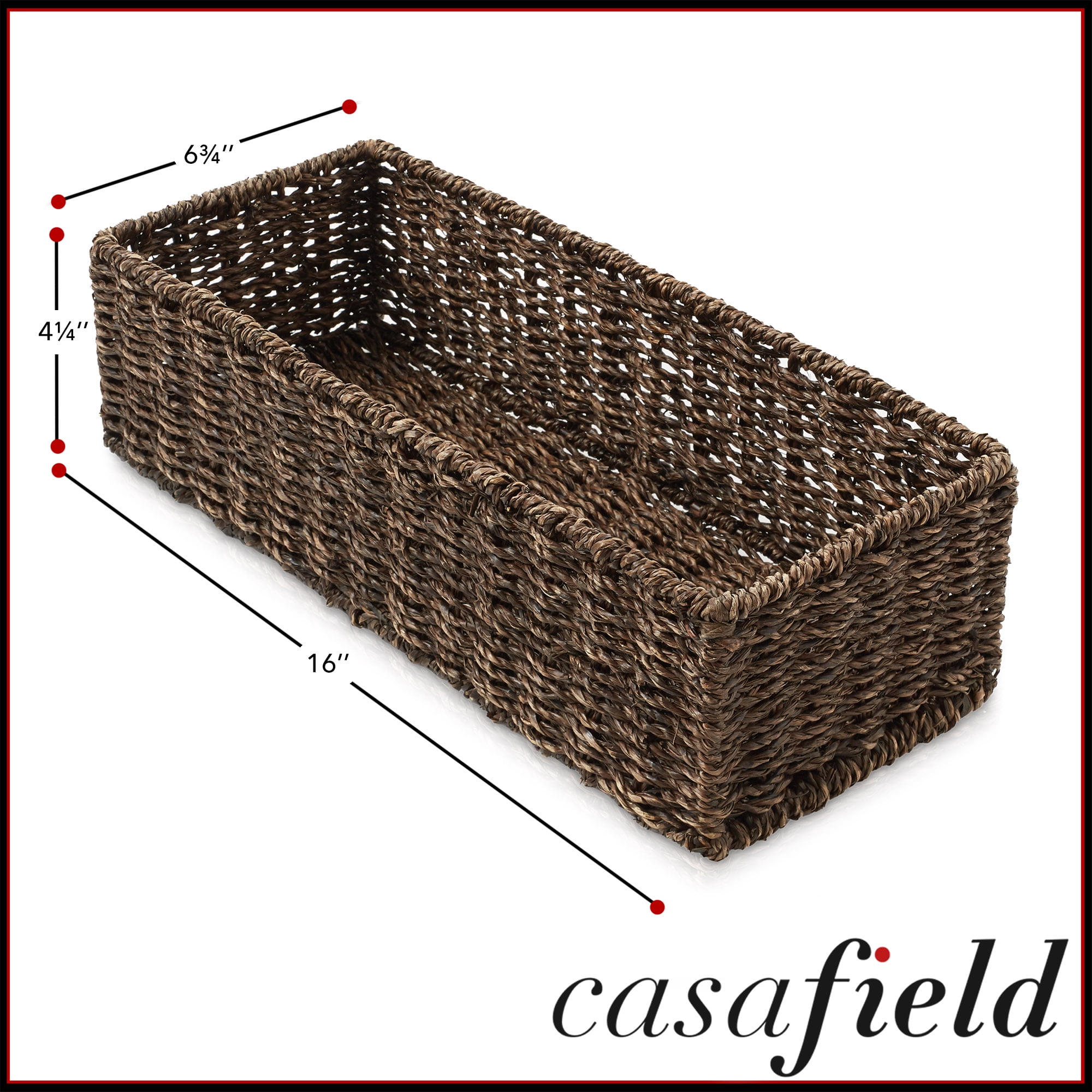 Casafield Bathroom Storage Baskets - Set of 2, Espresso - Seagrass, 16" W  x 6.75" D x 4.25" H, Woven Toilet Paper, Tissue, Shelving Bins