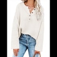 thumbnail image 2 of Suéteres de Gran Tamaño para Mujer, con Mangas Largas de Murciélago, Cuello en V Holgado, Botones, Estilo Henley, Jersey de Punto. Crema L, 2 of 6