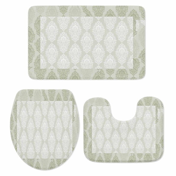 Green Lace Bathroom Rugs Set Vintage Geometric Abstract Art Luxury Non Slip Absorbent Soft Bath Mats 3 Piece Set with Bathroom Rug, U-Shaped Floor Mat, Toilet Seat Cover Small Size