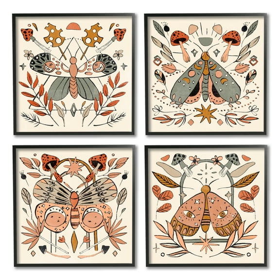 Stupell Industries Cottage Moths & Mushrooms Animals & Insects Painting Black Framed Art Print Wall Art, 12 x 12, Set of 4