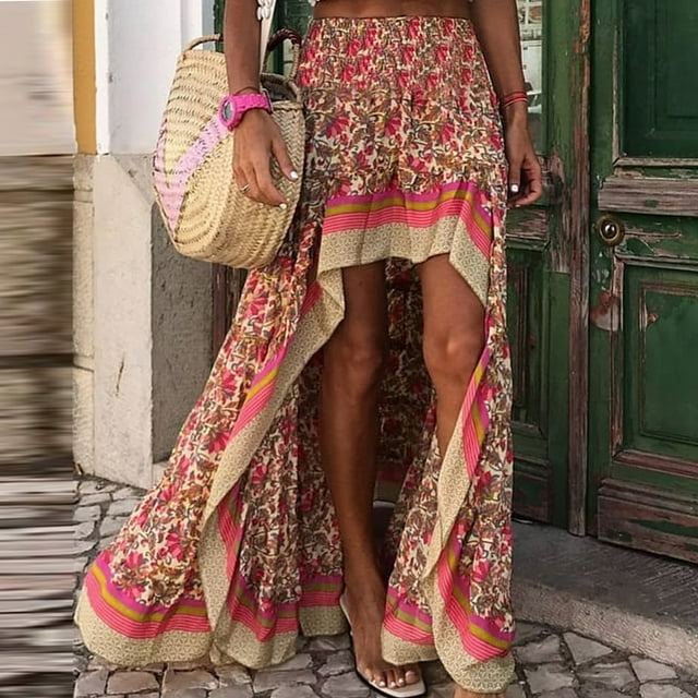 SHIXIAOO Women Boho Floral Print High Low Side Split Ruffle Hem Swing Maxi Long Skirt Rainbow Table Skirts for Rectangle Tables Elastic Bed Wrap Ruffle Bed Skirt
