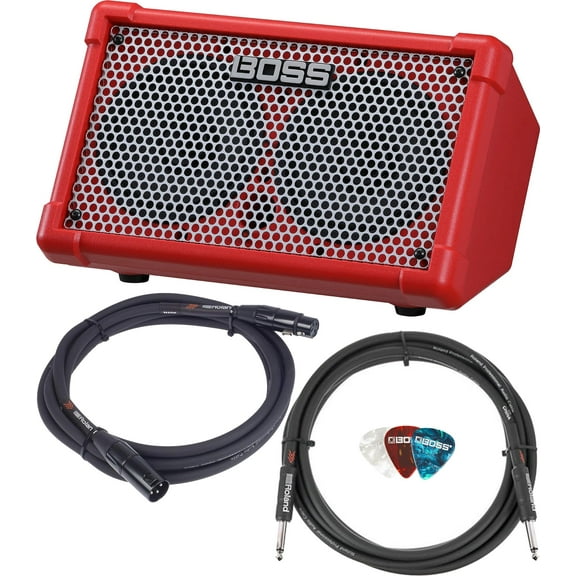 Boss Cube Street II Battery Powered Stereo Amplifier - Red Bundle with Gearlux Instrument Cable, XLR Cable, and Picks