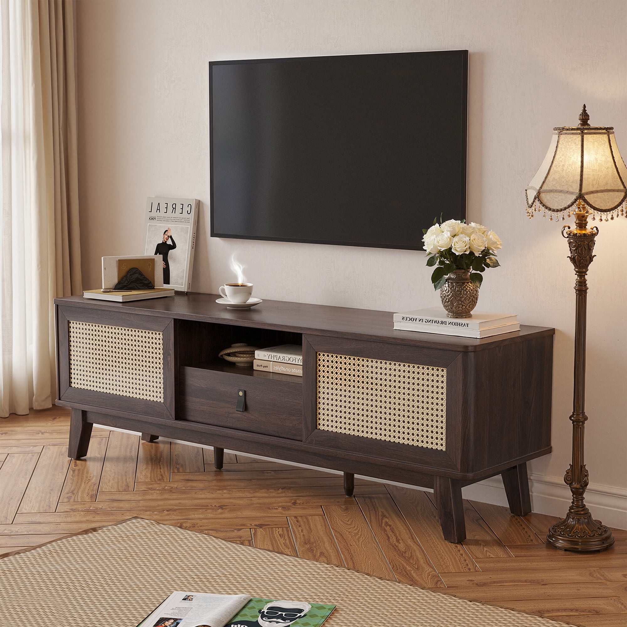 MAYEERTY Walnut 70"Rattan&Wood TV Stand, Boho Media Console with Drawer & 2 Cabinets for Living Room