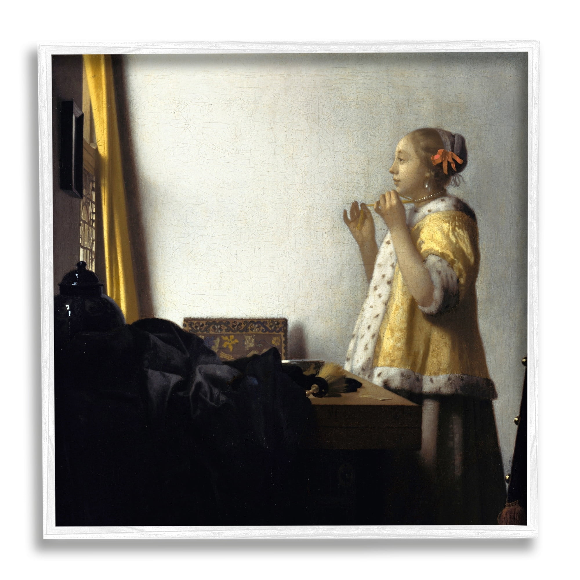Stupell Industries Young Woman with a Pearl Necklas Johannes Vermeer Painting Painting White Framed Art Print Wall Art, Design by one1000paintings