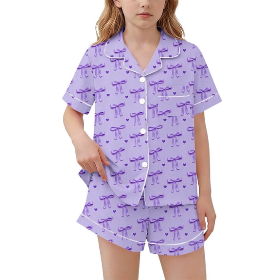 Mifsaly Girls Pajama Short Set 2 Piece Pjs Button Down Short Sleeve Tops And Shorts Cute Bows Graphic Casual Summer Satin Pjs