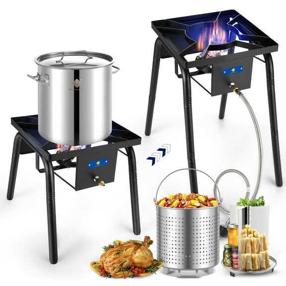 ARC Stainless Steel Seafood Boil Pot With 20,000 BTU Propane Burner for Outdoor Cooking，w/Basket for Outdoor Deep Fryer, Large Cooking Pot for Turkey Fryer, Shrimp, Lobster Boiling Stock Pot (32QT)