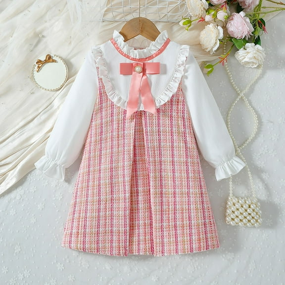 HOMADLES Kid Girls Long Sleeve Dress Casual A-Line Print Color Block Dress Bow Crewneck Soft Layered Dress Pink 4 T