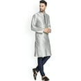 thumbnail image 5 of eloria Men's Traditional Silk Blend Solid Silver-Toned Kurta With Navy Blue Churidar Pyjama, 5 of 7