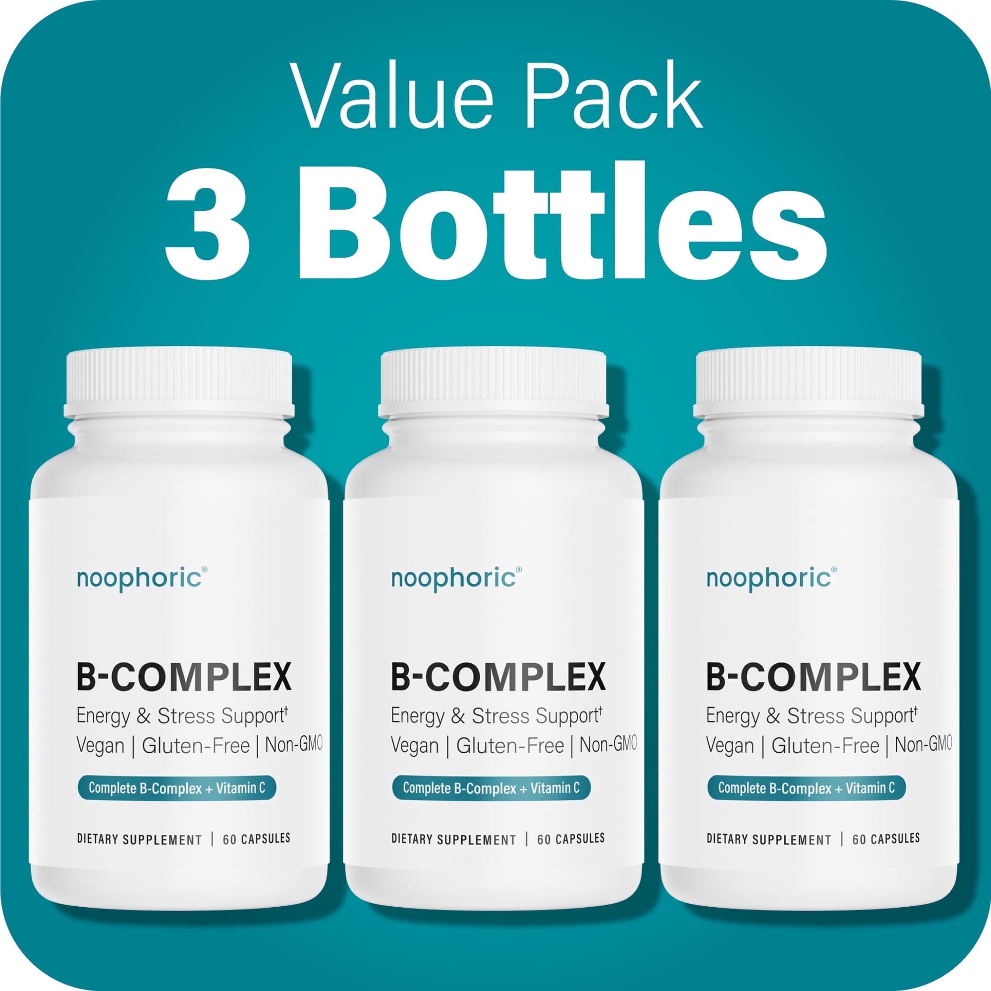 Noophoric B Complex Vitamins for Women and Men, Vitamin B Complex with Vitamin C, B Vitamins, B12, Biotin, Folate, Choline and Inositol, 180 Capsules (3-Pack)