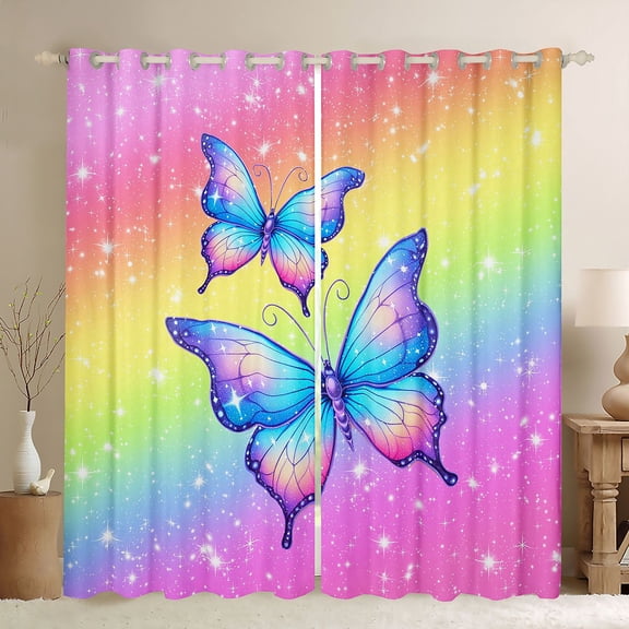 Feelyou Teens Cartoon Butterfly Curtains Pack of 2 (42x84 Each), Cute Animal Lover Curtains Blackout, Dreamy Stars Starry Sky Bedroom Curtains, Window Curtains Home Decor