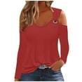 thumbnail image 2 of AXXD Womens Shirts Trendy Basic Summer 2024 Casual Solid Off Shoulder Pullover Long Sleeve Top Long Sleeve V-Neck Top/Shirt, 2 of 5