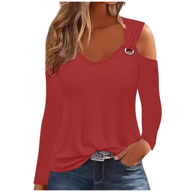 Yuyuzo Womens Tunic Tops Cold Shoulder Long Sleeve Shirts Loose Solid Color Lightweight Tee Tops