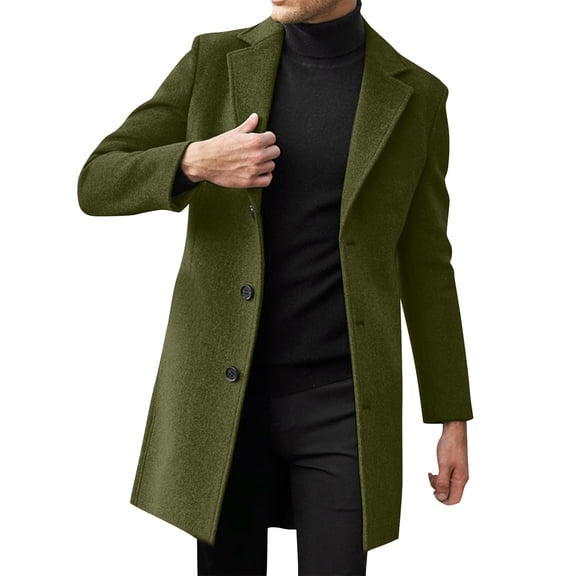 Men's Mid-Length Wool Trench Coat, Trendy Business Single-Breasted Outerwear, Army Green, L