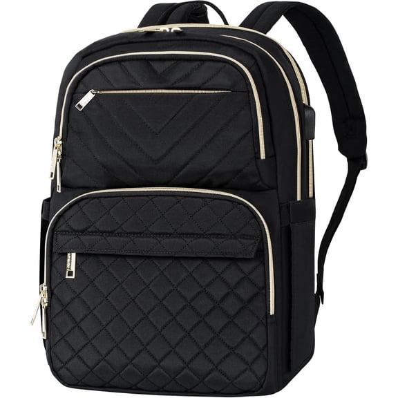 Laptop Backpack Purse for Women and Men with Port, 15.6 Inch Travel Water Resistant Quilted Backpack, High-Capacity 30L Work Business Computer Backpack, Black