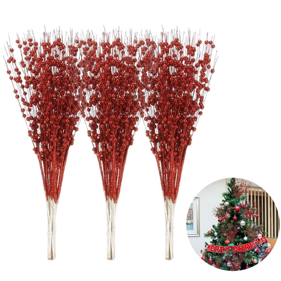 SUTENGDA Gold Fake Berry Stem Ornaments Artificial Christmas Twigs Picks Foam Berry Bead Sticks Christmas Tree Decorations for DIY Wreath Crafts Decor (24 Pcs)