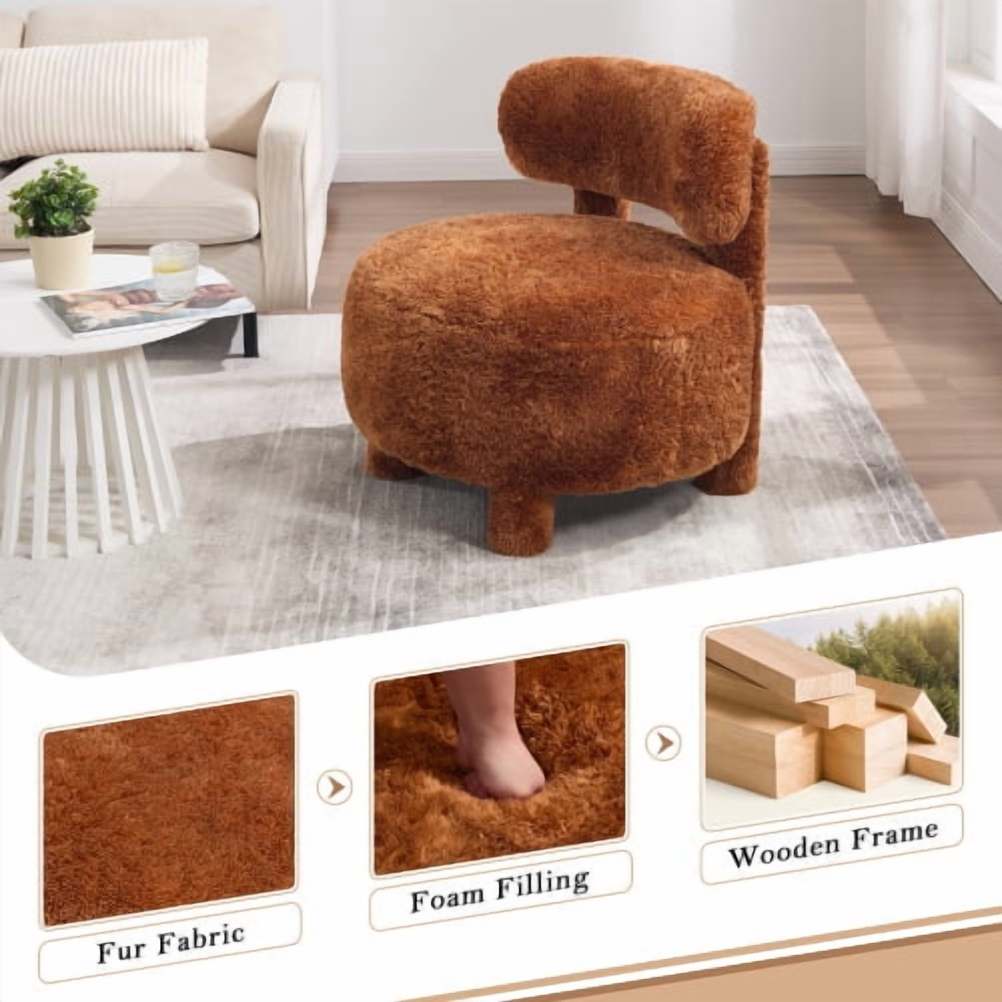 MOONMISS Accent Chair With Curved Backrest And Solid Wood Legs Upholstered Chair Slipper Side Chair For Primary Living Space Bedroom Vanity Room Or Reading Room ,Khaki-Fur